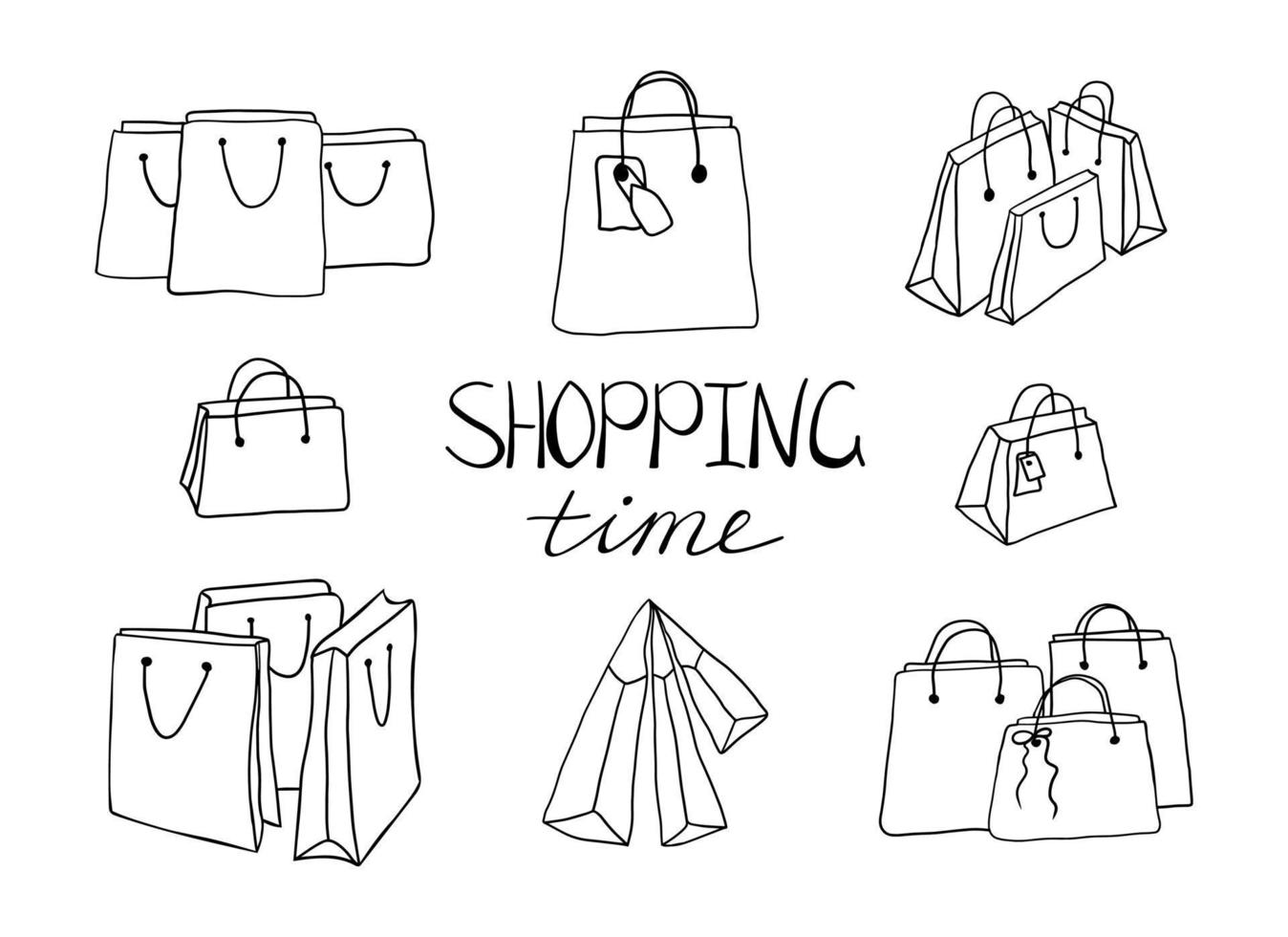 Set of hand drawn various shopping bags. Doodle sale clipart-shopping bag. Isolated on white background. vector