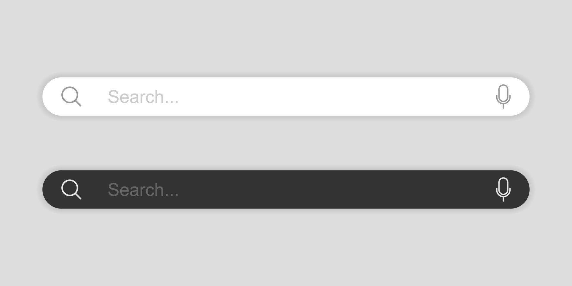 Light and dark mode search bar mockups with shadow effect isolated on grey background. vector