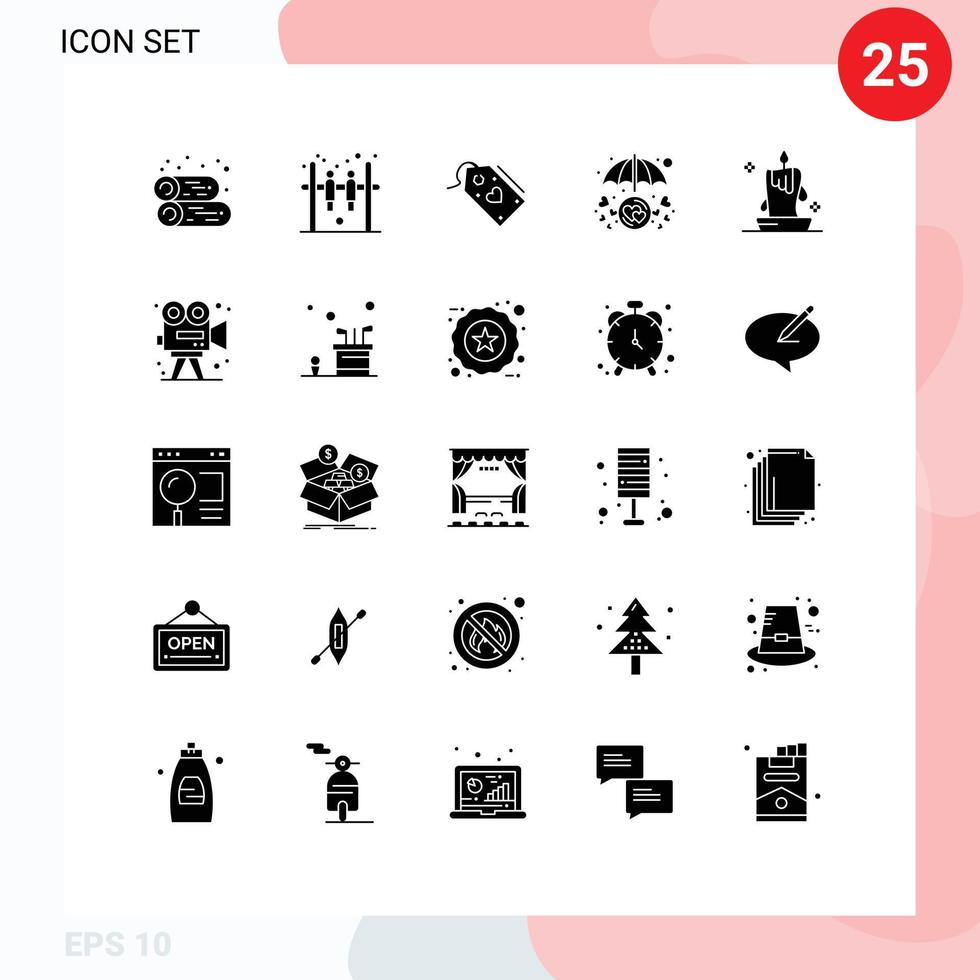 Modern Set of 25 Solid Glyphs Pictograph of burning light protection sale love care heart Editable Vector Design Elements