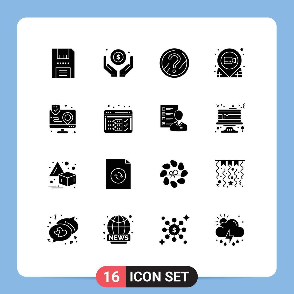 16 Universal Solid Glyphs Set for Web and Mobile Applications pushpin movie hand location solution Editable Vector Design Elements