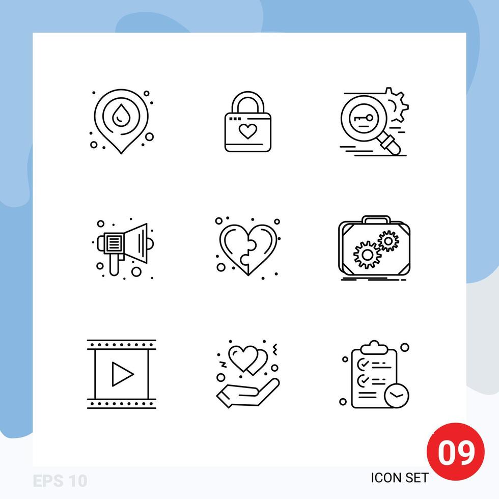 Modern Set of 9 Outlines Pictograph of sound education heart lock audio secure Editable Vector Design Elements