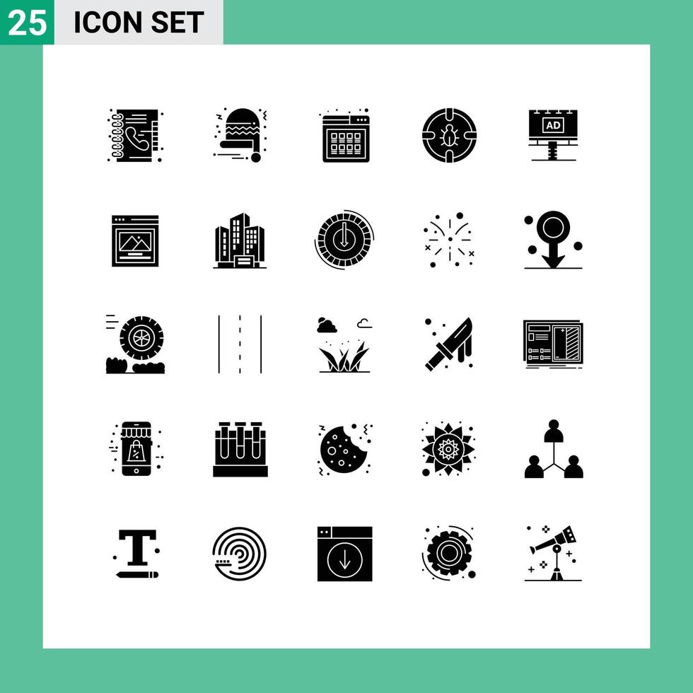 Group of 25 Solid Glyphs Signs and Symbols for ad protection online network bug Editable Vector Design Elements