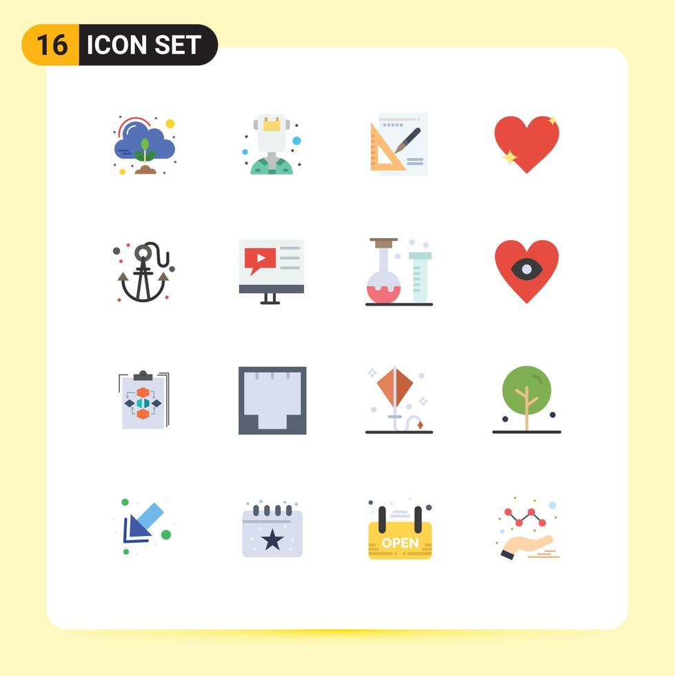 conjunto de pictogramas de 16 colores planos simples del gráfico favorito de ancla como paquete editable de corazón de elementos creativos de diseño de vectores