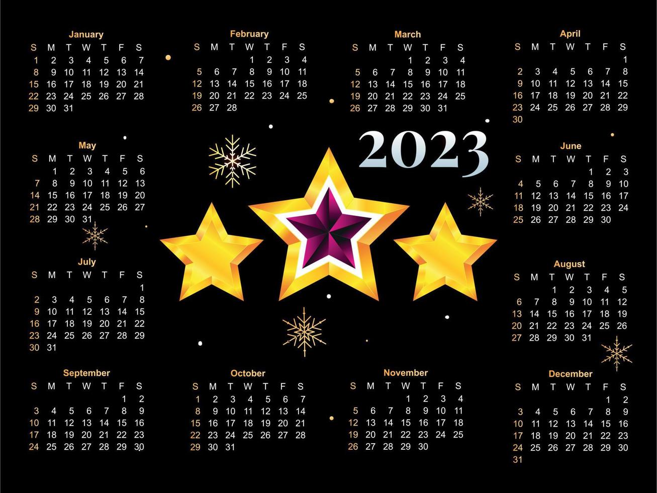 Ilustración vectorial del año calendario 2023. la semana comienza el domingo. plantilla de calendario de copos de nieve de navidad 2023. diseño de calendario el domingo en colores rojos. vector