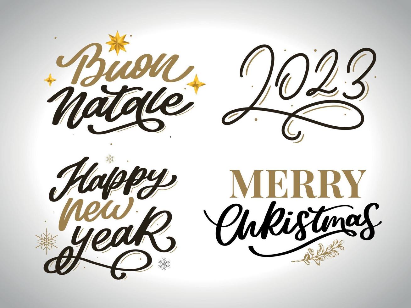 feliz navidad conjunto 2023 feliz año nuevo, tipografía letras insignia emblemas citas conjunto colección. diseño de logotipo vectorial para postal, invitación, tarjeta de felicitación, afiche, regalo. vector