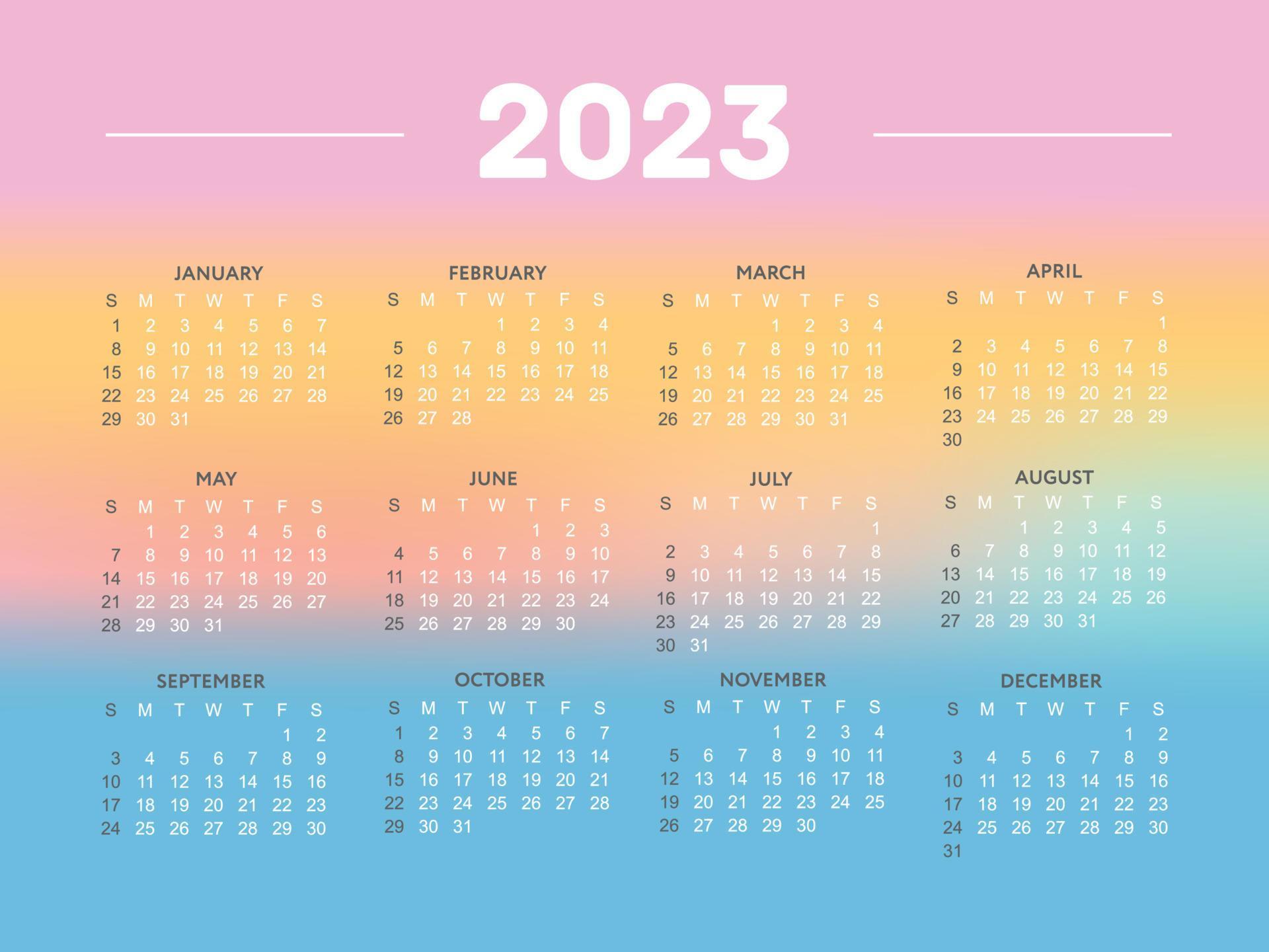 2023 Calendar year vector illustration. The week starts on Sunday
