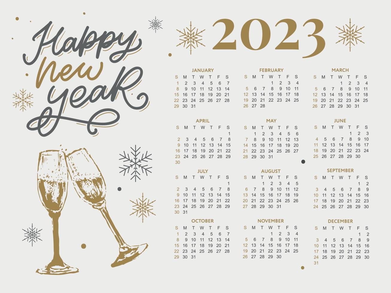 2023 Calendar year vector illustration. The week starts on Sunday. Christmas snowflakes calendar 2023 template. Calendar design Sunday in red colors. Vector