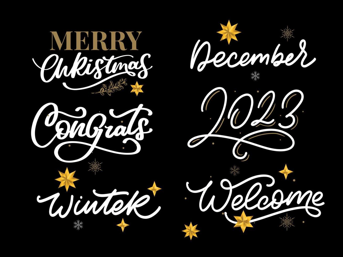 Merry Christmas set 2023 Happy New Year, typography lettering badge emblems quotes set collection. Vector logo design for postcard, invitation, greeting card, poster, gift.