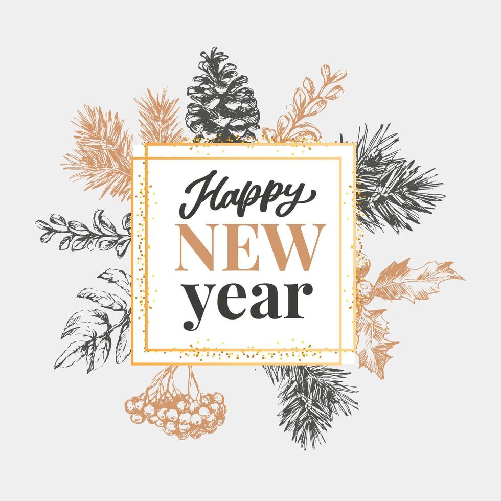 Happy New Year Abstract Botanical Card with Square Frame Banner and Modern Typography. Green and Pink Pastel Colors Greeting Layout. Isolated. vector