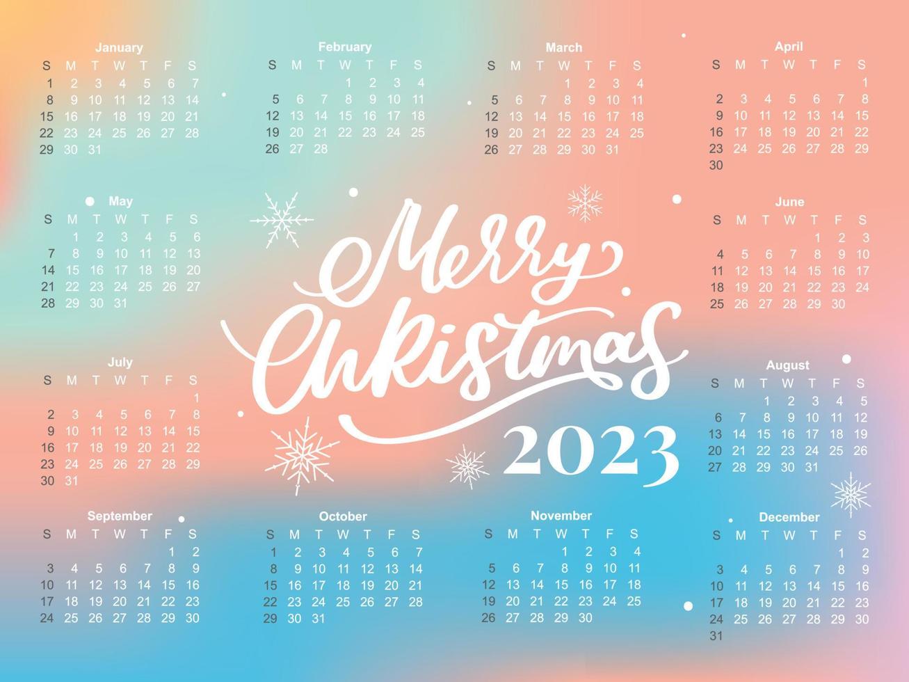 2023 Calendar year vector illustration. The week starts on Sunday. Christmas snowflakes calendar 2023 template. Calendar design Sunday in red colors. Vector