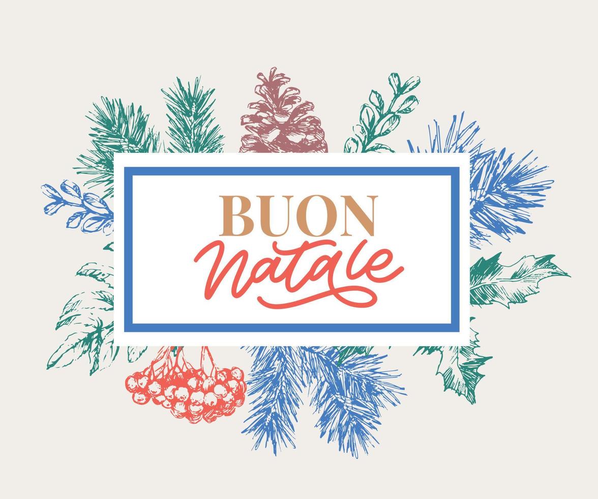 Navidad, tarjeta de felicitación de Buon Natale. Letras de escritura a mano en italiano. Letras de vacaciones. Plantilla de año nuevo. Vector vintage, diseño de tipografía.