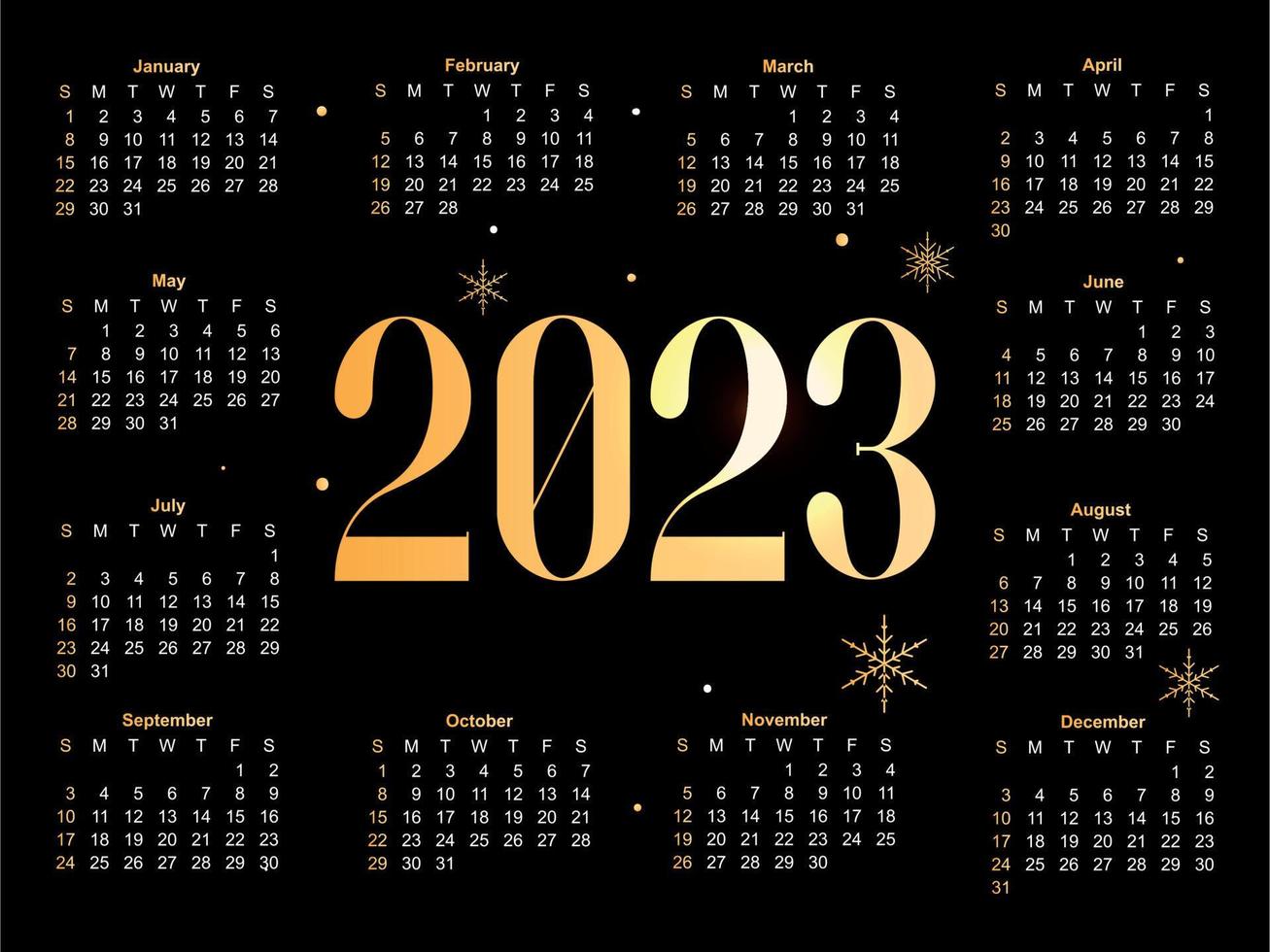 2023 Calendar year vector illustration. The week starts on Sunday. Christmas snowflakes calendar 2023 template. Calendar design Sunday in red colors. Vector