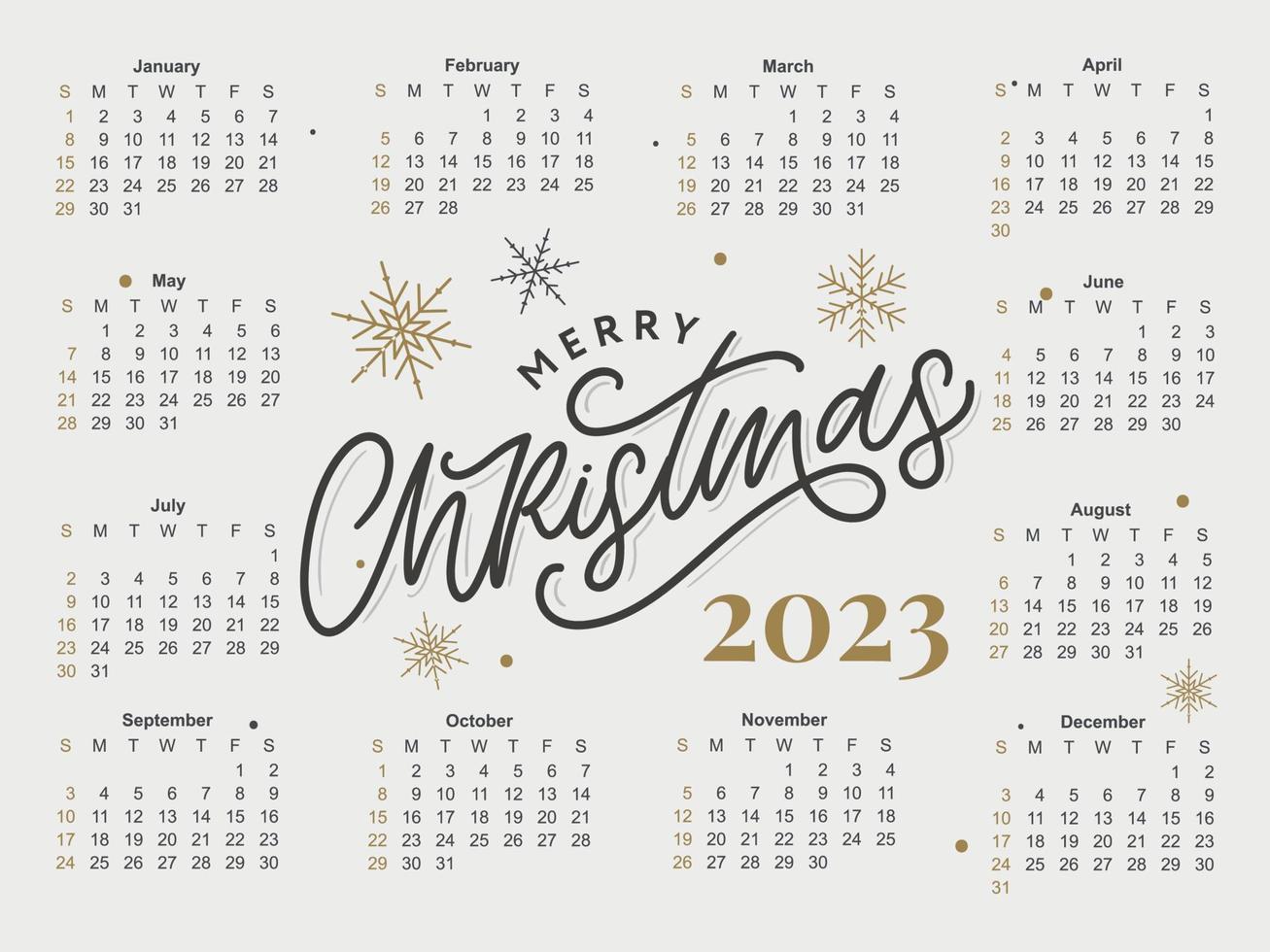 2023 Calendar year vector illustration. The week starts on Sunday. Christmas snowflakes calendar 2023 template. Calendar design Sunday in red colors. Vector