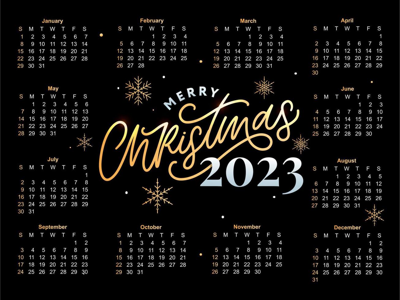 2023 Calendar year vector illustration. The week starts on Sunday. Christmas snowflakes calendar 2023 template. Calendar design Sunday in red colors. Vector