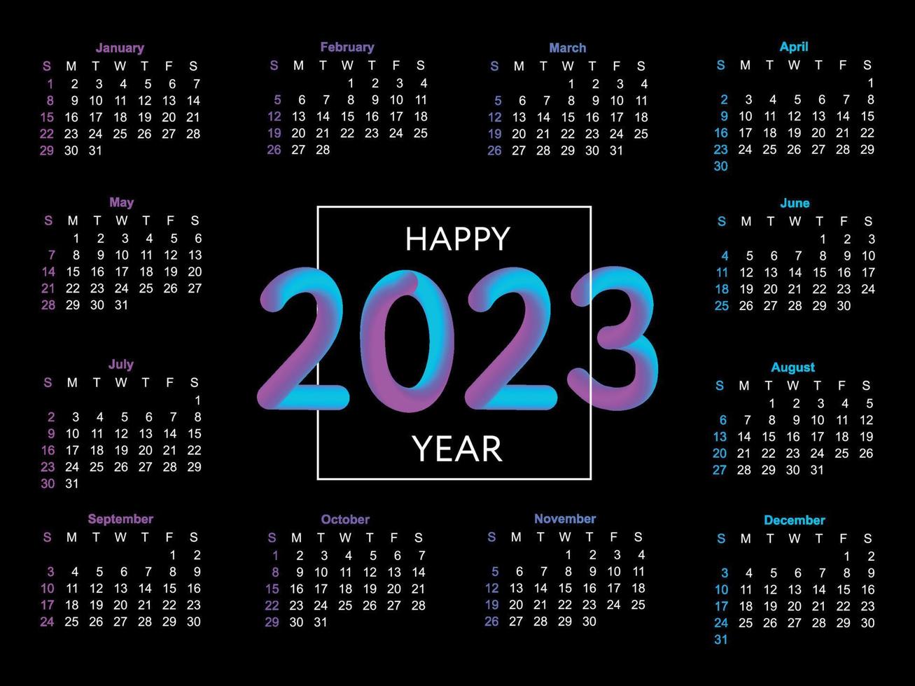 2023 Calendar year vector illustration. The week starts on Sunday. Christmas snowflakes calendar 2023 template. Calendar design Sunday in red colors. Vector