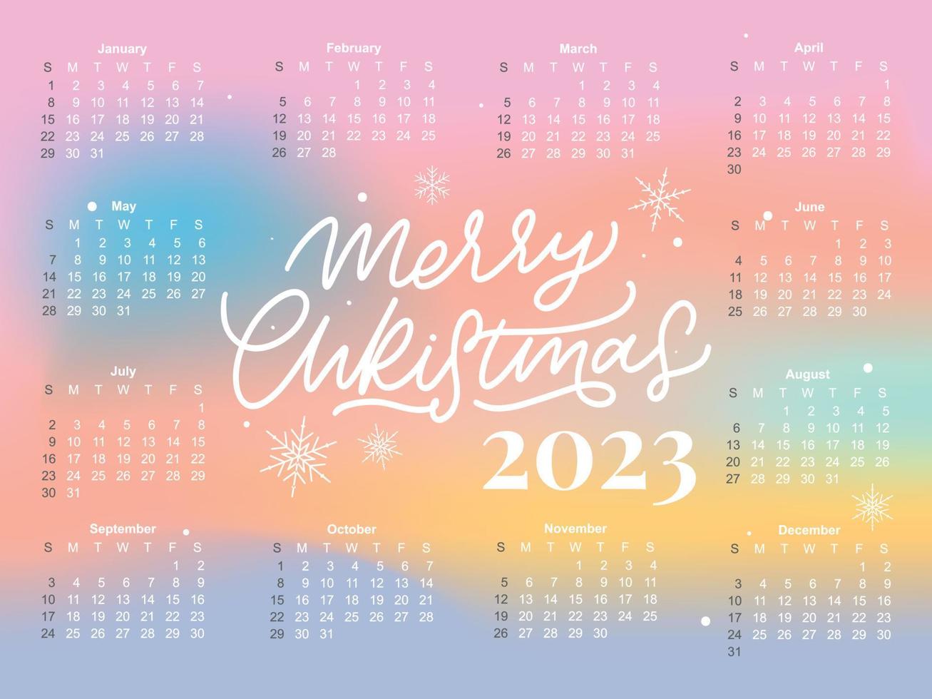 2023 Calendar year vector illustration. The week starts on Sunday. Christmas snowflakes calendar 2023 template. Calendar design Sunday in red colors. Vector