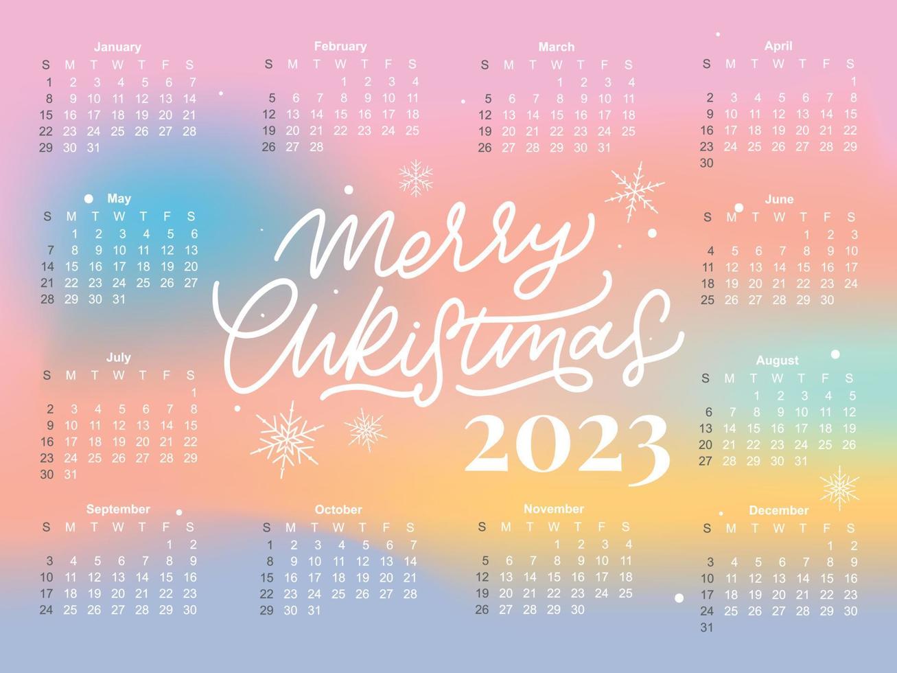 Ilustración vectorial del año calendario 2023. la semana comienza el domingo. plantilla de calendario de copos de nieve de navidad 2023. diseño de calendario el domingo en colores rojos. vector