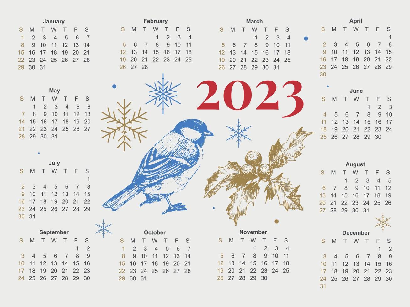 2023 Calendar year vector illustration. The week starts on Sunday. Christmas snowflakes calendar 2023 template. Calendar design Sunday in red colors. Vector