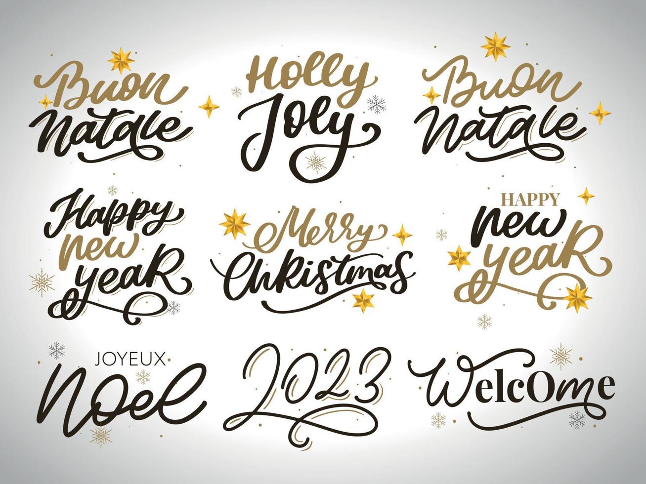 feliz navidad conjunto 2023 feliz año nuevo, tipografía letras insignia emblemas citas conjunto colección. diseño de logotipo vectorial para postal, invitación, tarjeta de felicitación, afiche, regalo. vector