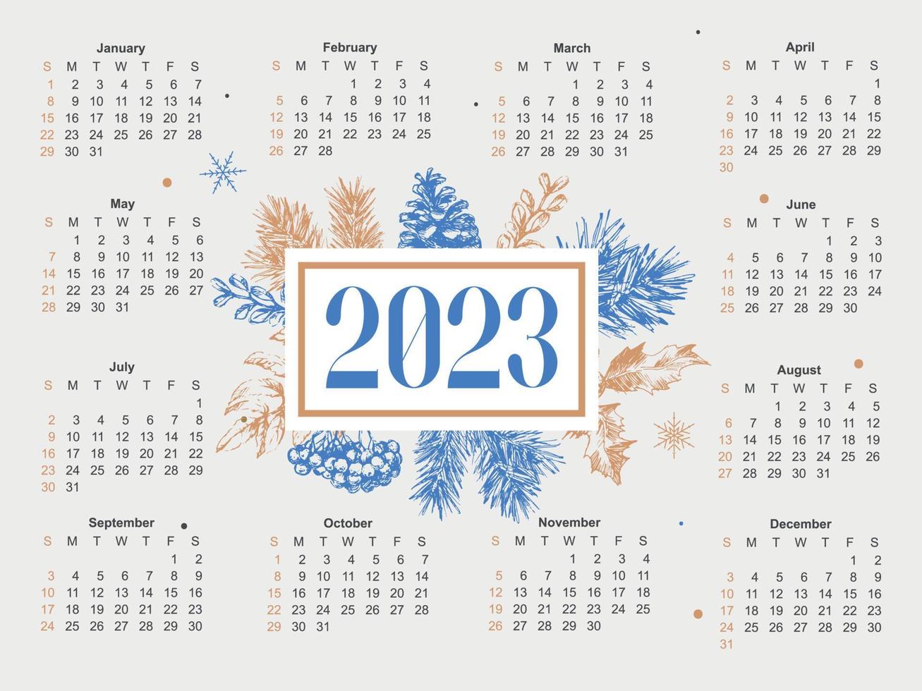 2023 Calendar year vector illustration. The week starts on Sunday. Christmas snowflakes calendar 2023 template. Calendar design Sunday in red colors. Vector