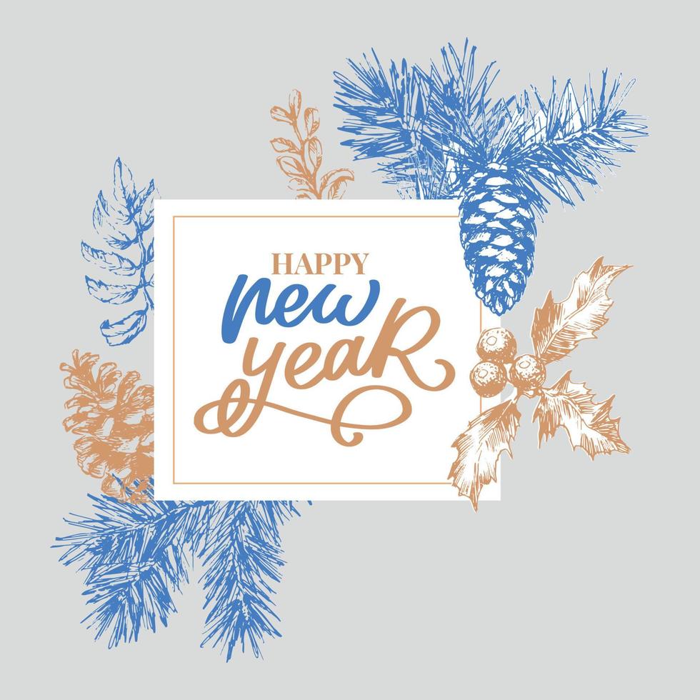 Happy New Year Abstract Botanical Card with Square Frame Banner and Modern Typography. Green and Pink Pastel Colors Greeting Layout. Isolated. vector