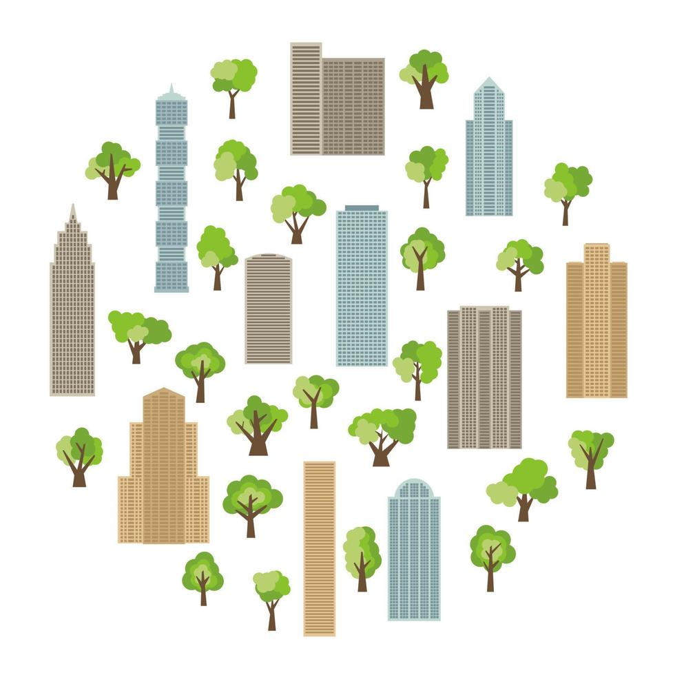 Modern buildings and skyscrapers with green trees in circle. Vector illustration