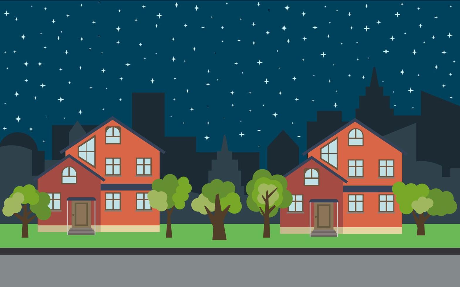 Vector city with two two-story cartoon houses and green trees at night. Summer urban landscape. Street view with cityscape on a background
