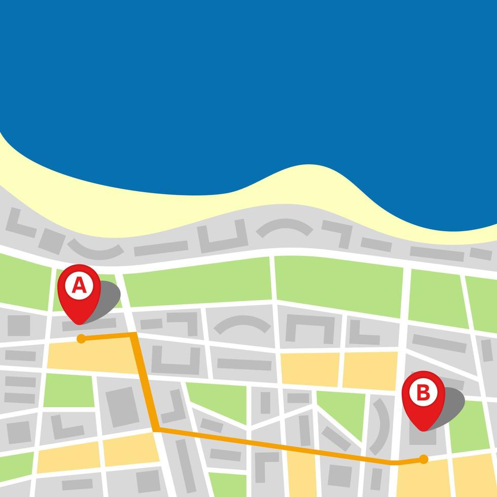 City map of an imaginary city with sea and route from point A to point B. Vector illustration.