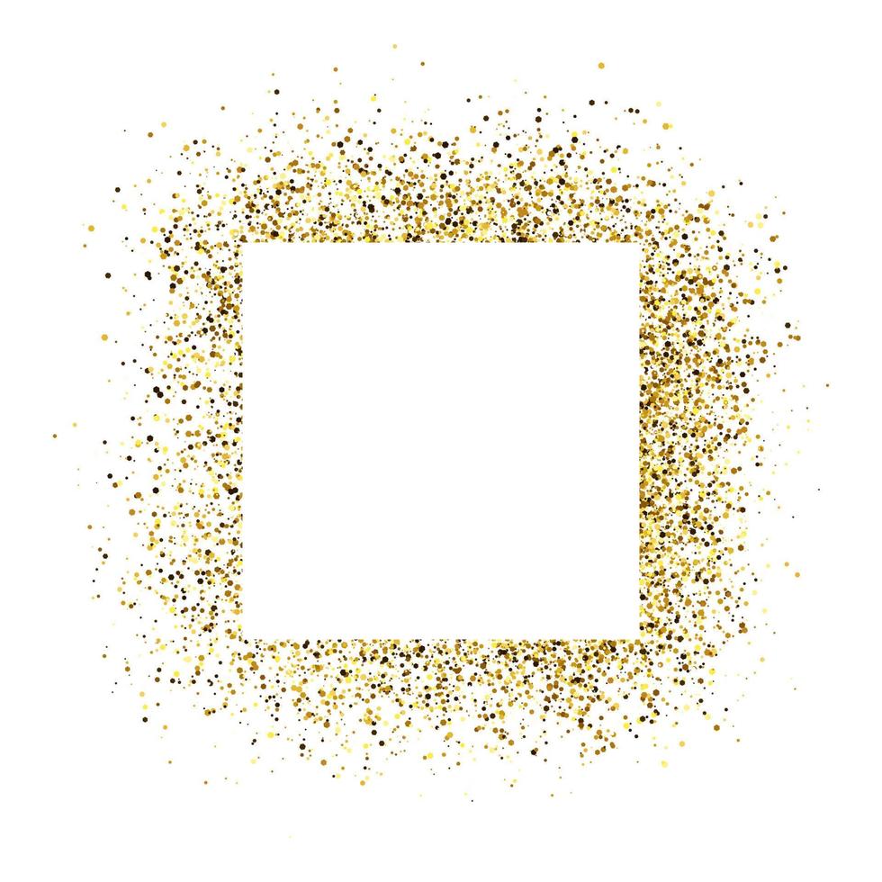 Greeting card with white square frame on golden glitter background. Empty white background. Vector illustration.
