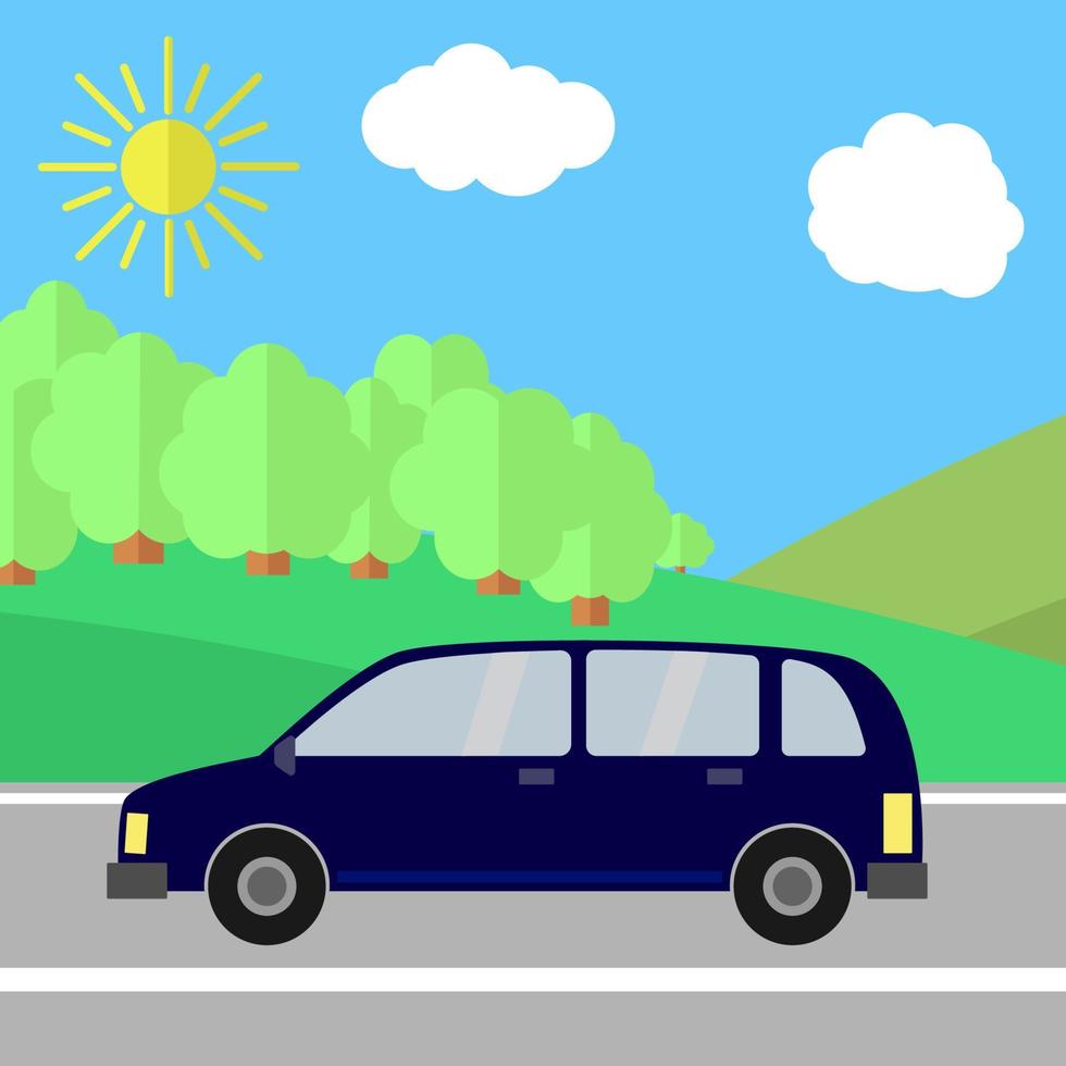 Dark Blue Sport Utility Vehicle on a Road on a Sunny Day. Summer Travel Illustration. Car over Landscape. vector