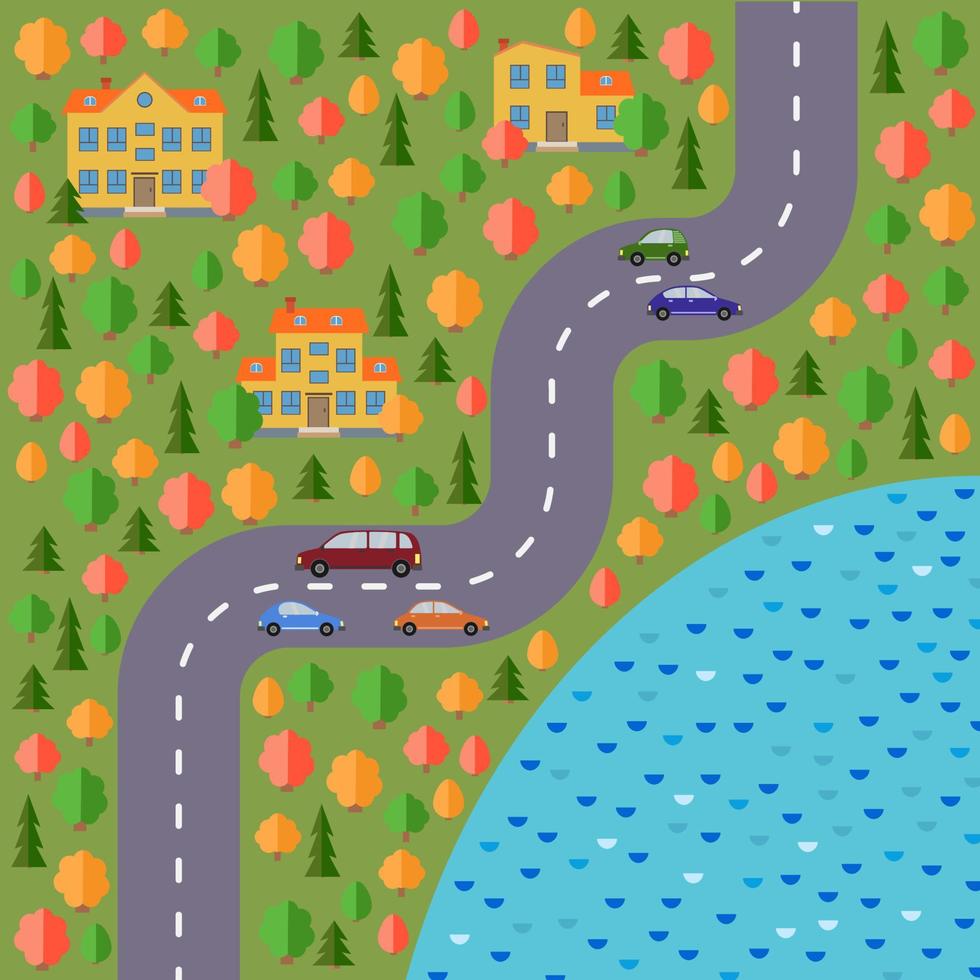 Plan of village. Landscape with the road, forest, lake, cars and houses. Vector illustration