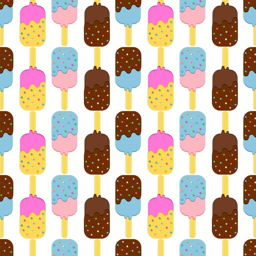 Seamless Colorful Ice Cream Pattern. Ice Cream Dessert on a Wooden Stick. Vector illustration.