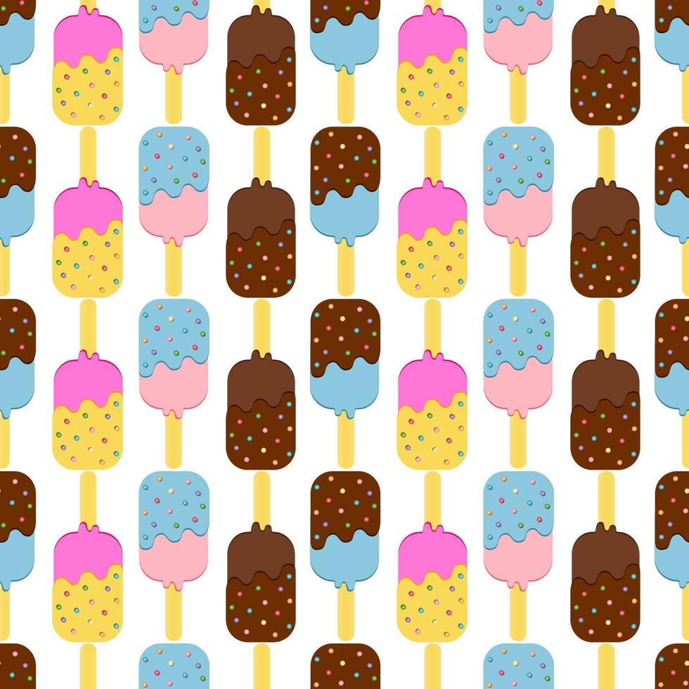 Seamless Colorful Ice Cream Pattern. Ice Cream Dessert on a Wooden Stick. Vector illustration.