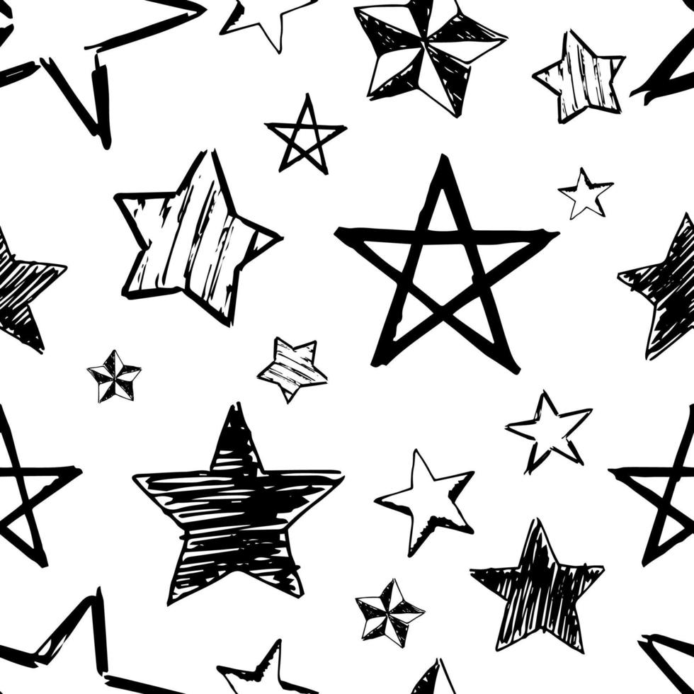 Seamless background of doodle stars. Black hand drawn stars on white background. Vector illustration