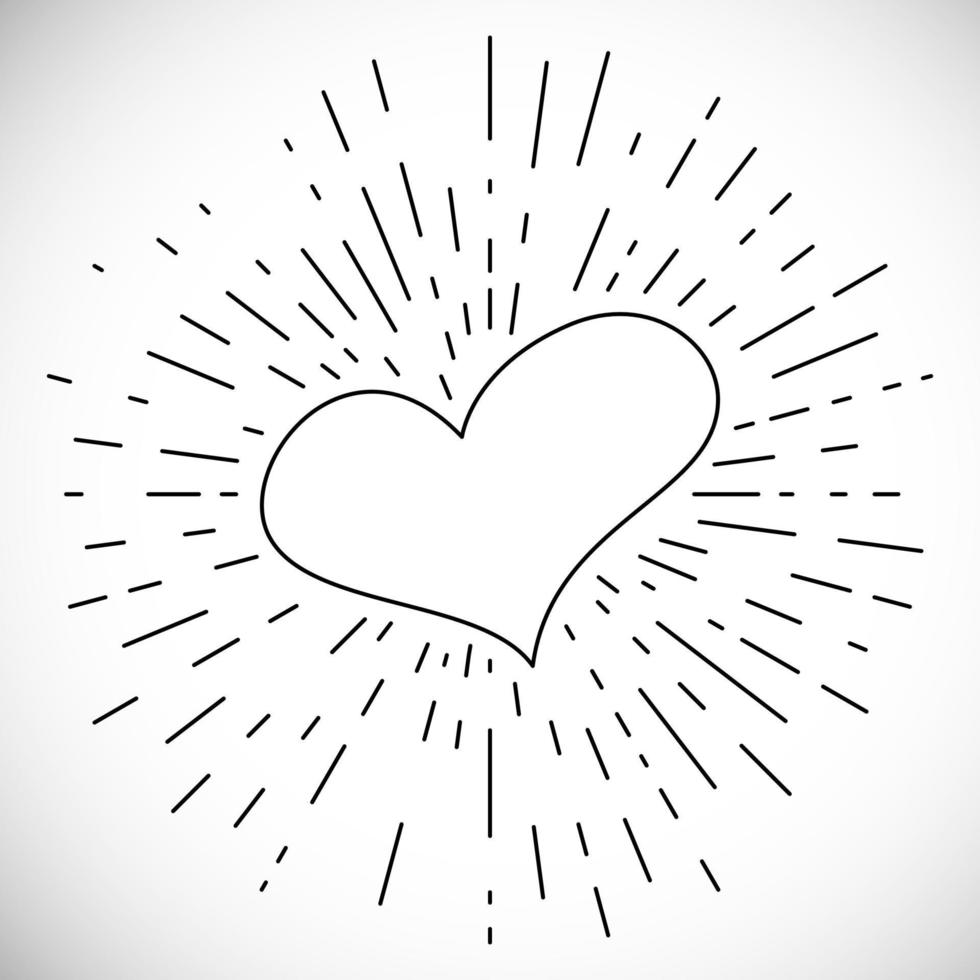 Heart with Hand Drawn Vintage Bursting Rays. Retro Design Element. Vector illustration