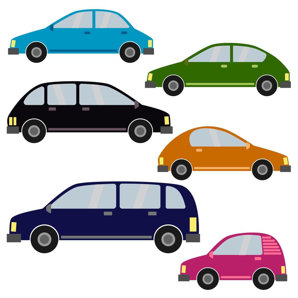 Set of different car types. Multicolored Cars Collection. Isolated vector illustration.