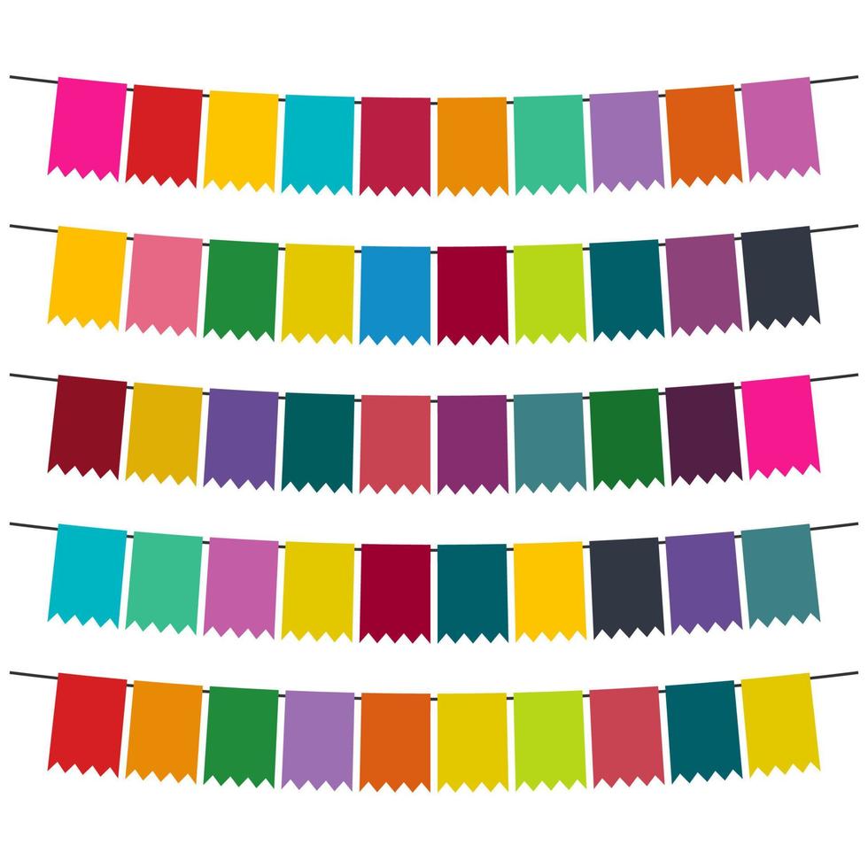 Colorful flags and bunting garlands for decoration. Decor elements with various patterns. Vector illustration