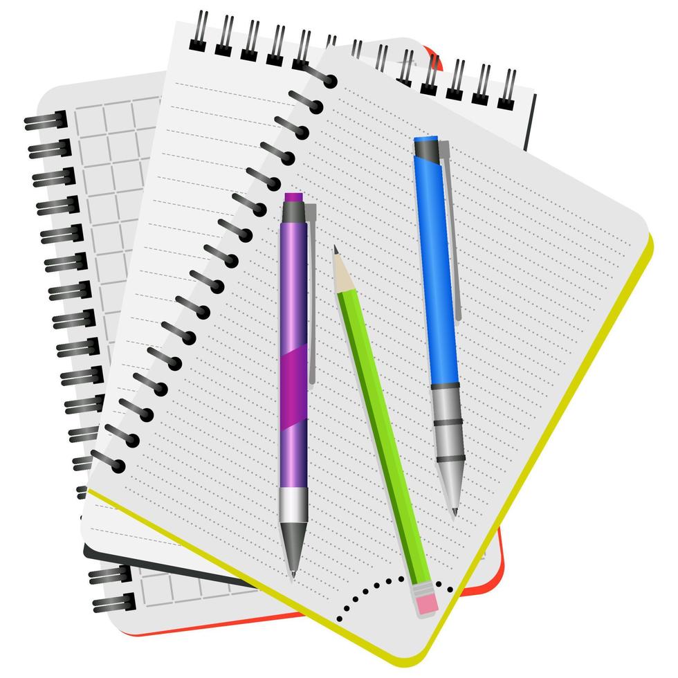 Three notebooks, purple pen, blue pen and green pencil on a white background vector