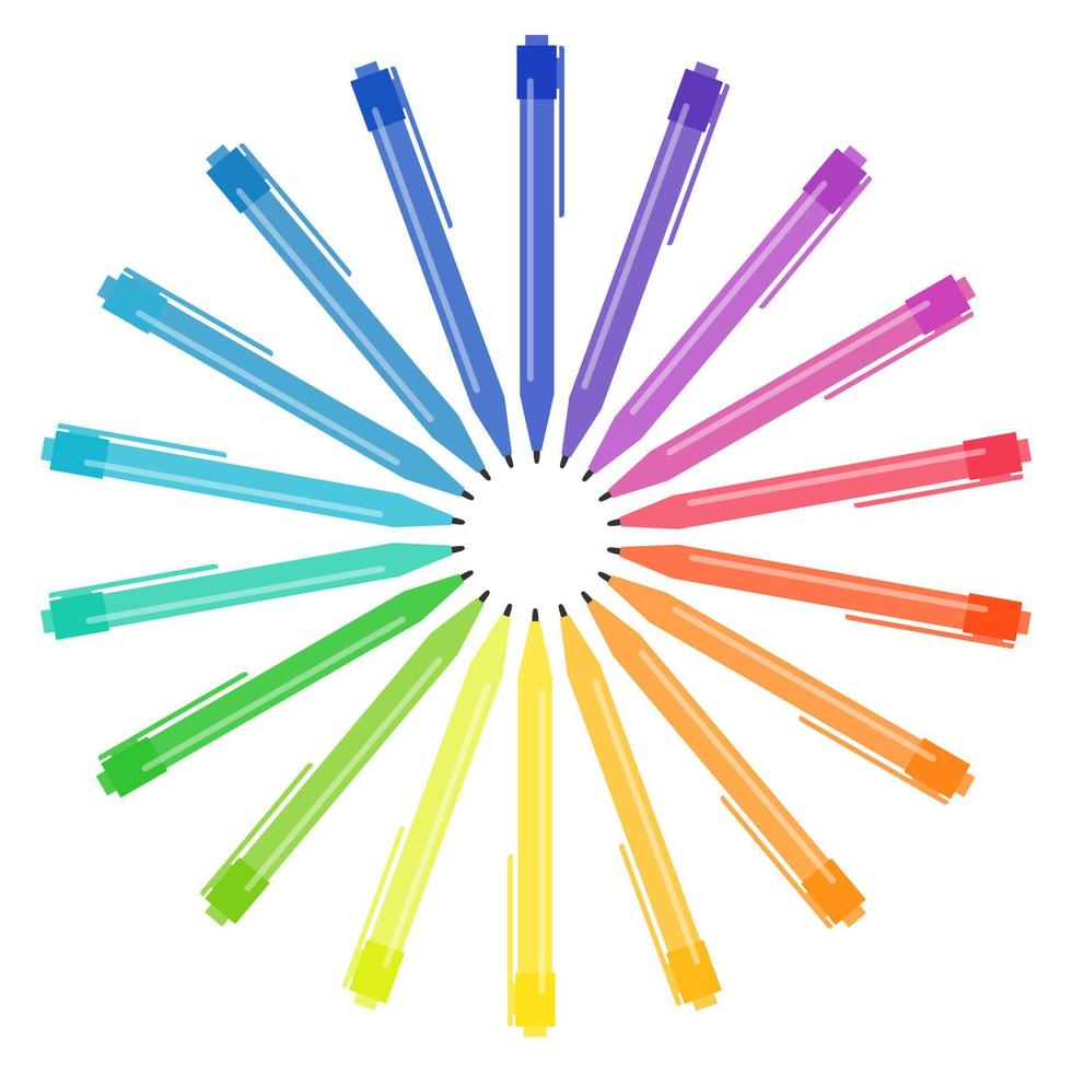 Set of multicolored pens placed in a circle. Vector illustration.