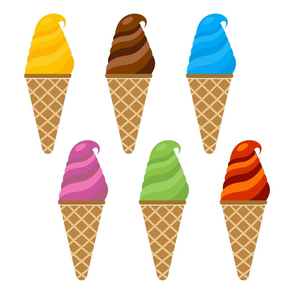 conjunto de ilustración vectorial de helado. helado cremoso multicolor en un cuerno de gofre vector