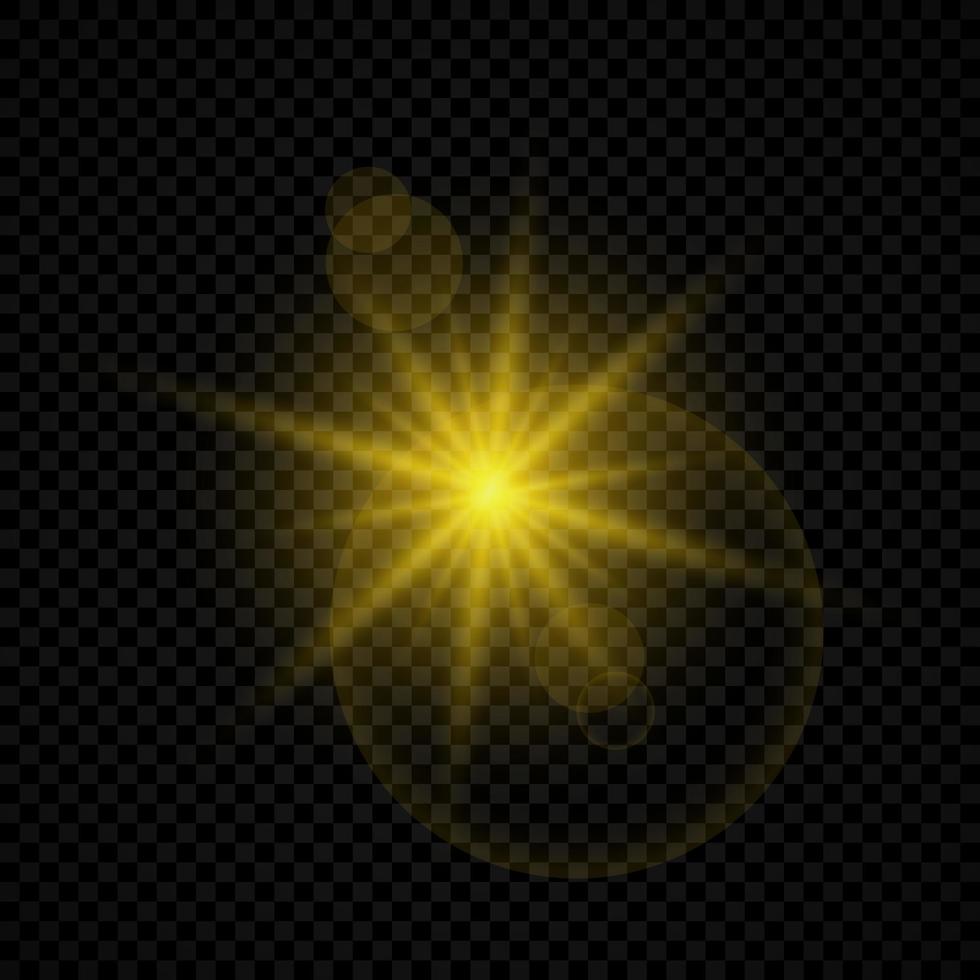 Light effect of lens flares. Yellow glowing lights starburst effects with sparkles on a transparent background. Vector illustration