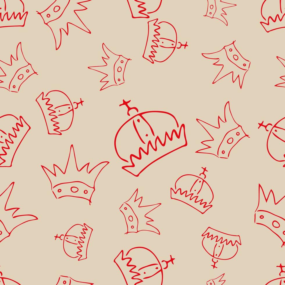 Hand drawn crowns. Seamless pattern of simple graffiti sketch queen or king crowns. Royal imperial coronation and monarch symbols. Red brush doodle isolated on light background. Vector illustration.