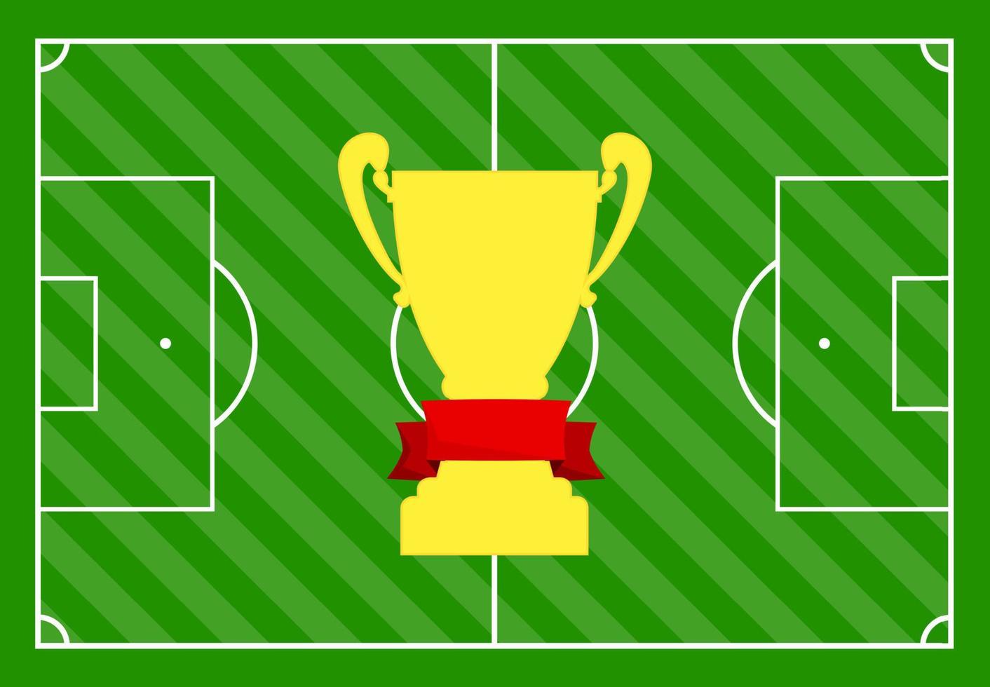 Football field with green grass and with a gold cup with a red ribbon. Vector illustration