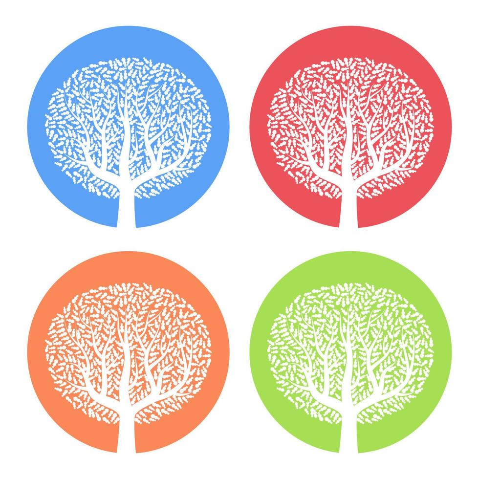 Set of four white trees with leaves on colorful round background. Vector illustration