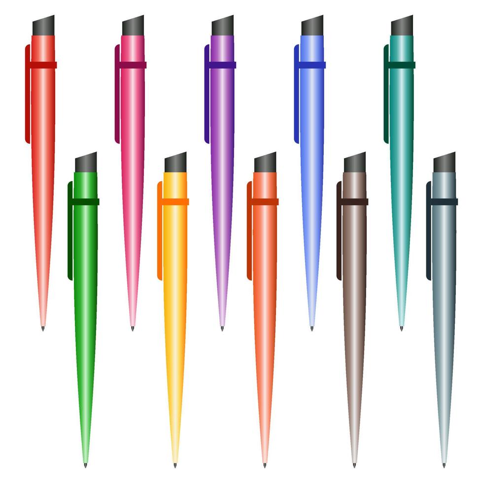 Set of multi-colored pens on a white background. Vector illustration.