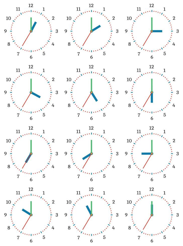 A set of mechanical clocks with an image of each of the twelve hours. Clock face on white background. vector