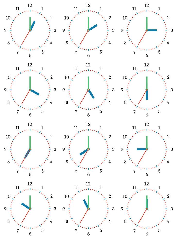 A set of mechanical clocks with an image of each of the twelve hours. Clock face on white background. vector