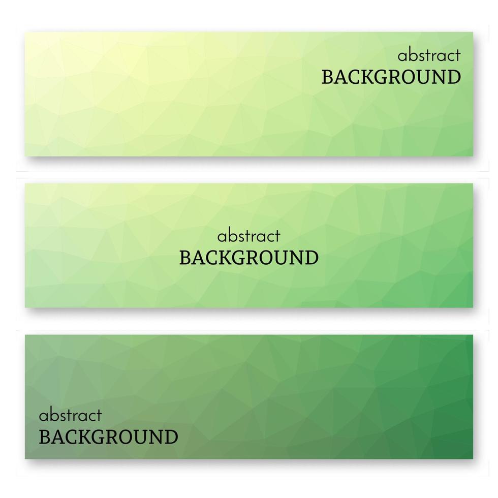 Set of three green banners in low poly art style. Background with place for your text. Vector illustration