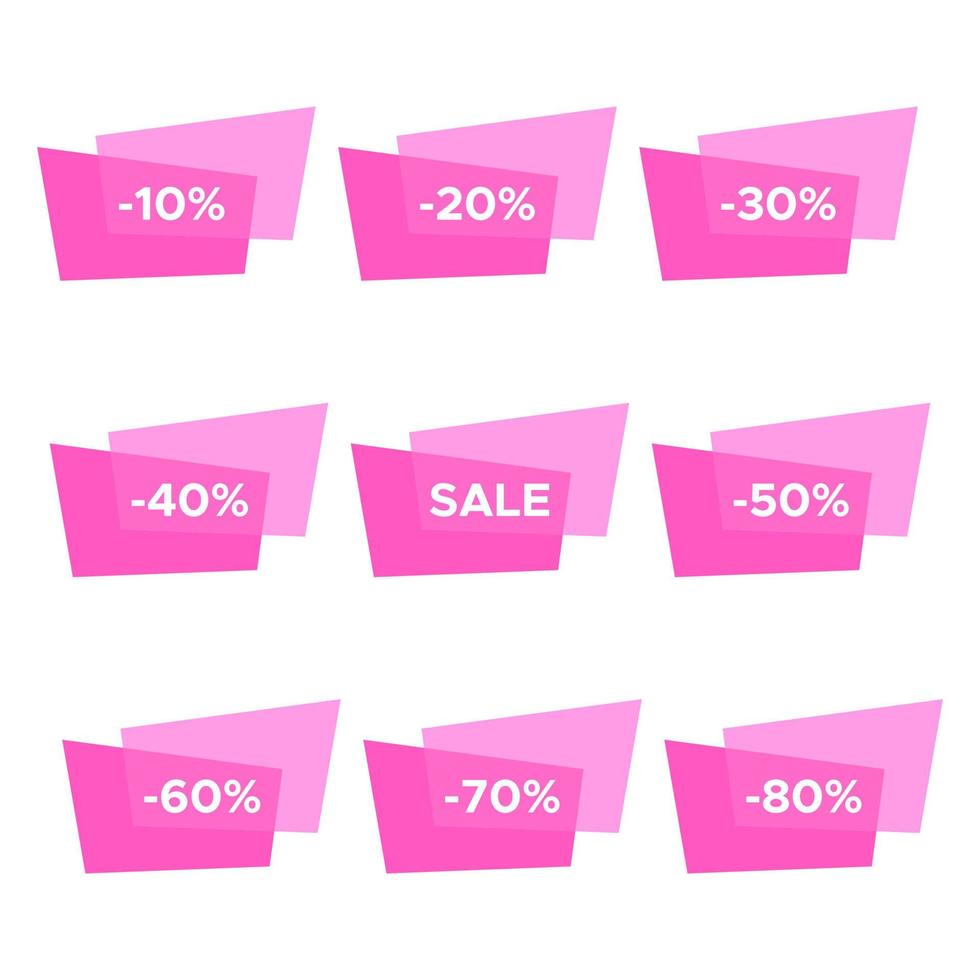 Set of nine sale stickers with different discount values. Sale label template. Vector illustration