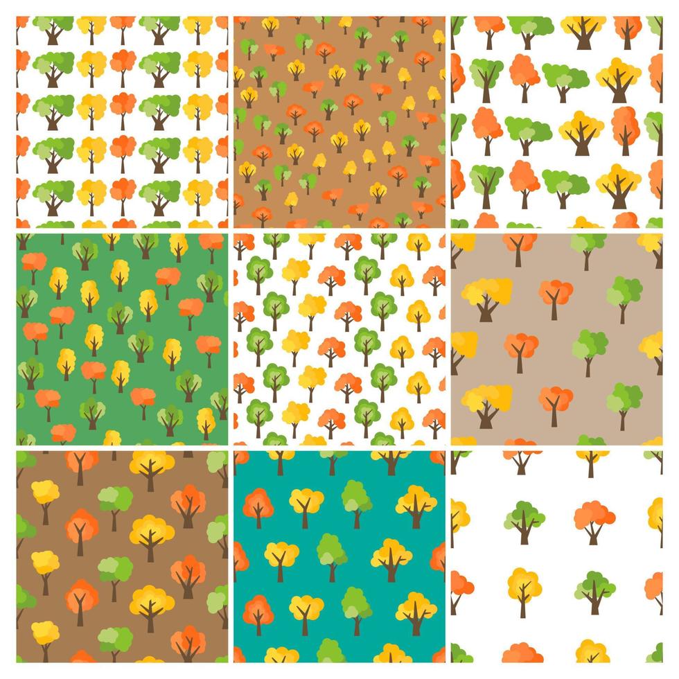 Set of nine seamless patterns from autumn trees. Autumn forest background. Vector illustration